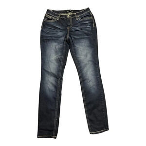 Love Nation Dark Wash Rhinestone Button Pocket Bootcut Mid Rise Jeans Size 6 Y2K